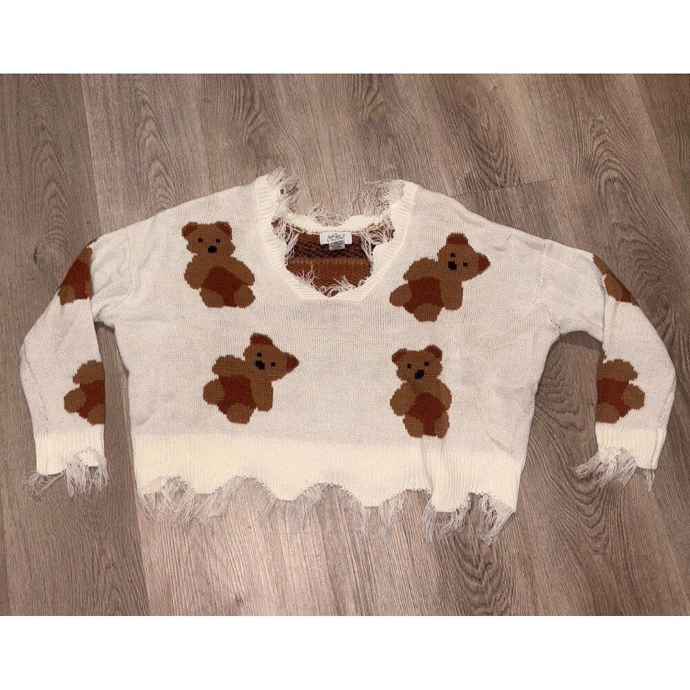 Just Polly‎ NY Teddy Bear Sweater Women's Medium V-Neck Fray Frilly Knit
